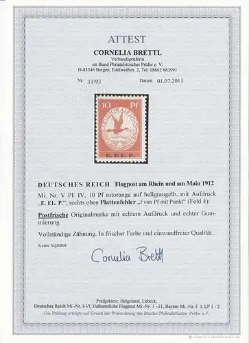 Deutsches Reich: Flugpost Rhein/Main 1912, MiNr. V, Plattenfehler IV, BPP Attest