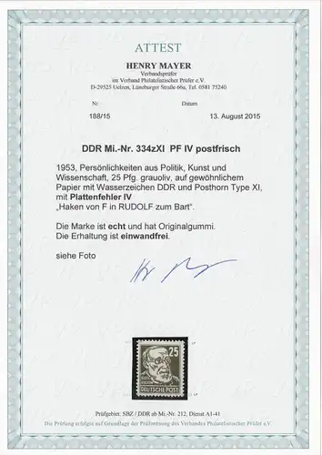 DDR: MiNr. 334zXI, Plattenfehler IV, postfrisch, **