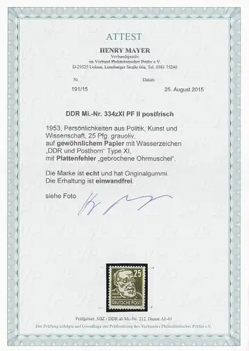 DDR: MiNr. 334x XI, Plattenfehler II, postfrisch, **