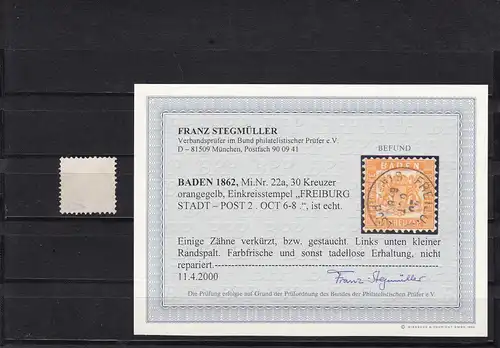 Baden: MiNr. 22a, cacheté Fribourg, BPP résultat