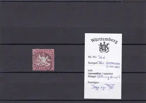 Württemberg: MiNr. 26d, BPP Signatur, gestempelt