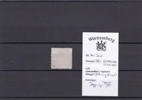 Wurtemberg: MiNr. 26d, BPP Signature, cacheté
