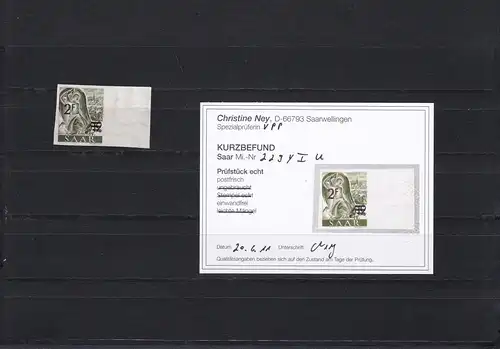 Saar: MiNr. 229 yI U, Seitenrand, postfrisch, **
