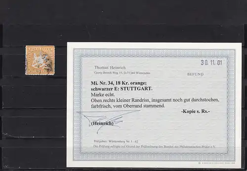 Württemberg: MiNr. 34, gestempelt, BPP Befund