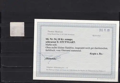 Wurtemberg: numéro 34, cacheté, résultat BPP