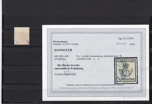 Hanovre: MiNr. 22y, cacheté, résultat BPP