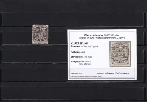 Bremen, MiNr. 7A, Type II,  gestempelt, BPP Befund