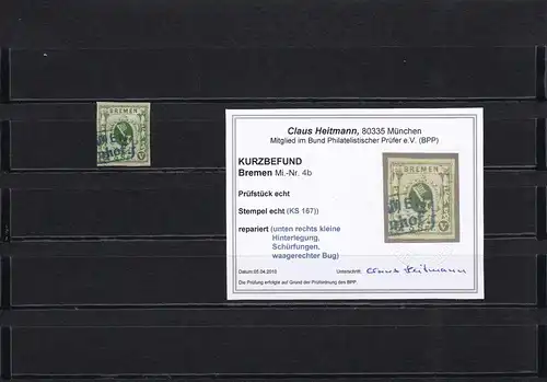 Bremen, MiNr. 4b,  gestempelt, BPP Befund