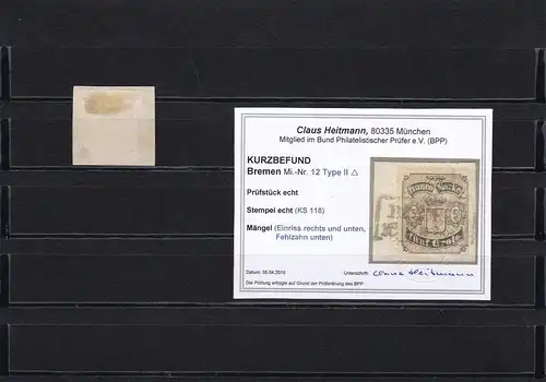 Bremen, MiNr. 12, Type II,  gestempelt, BPP Befund
