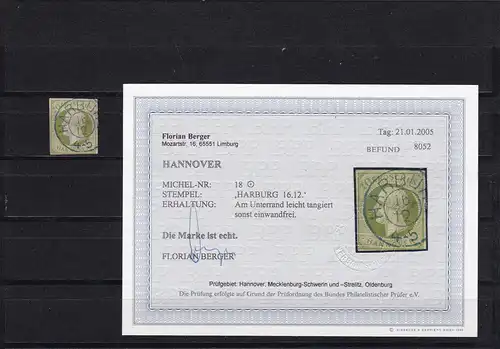 Hannover: MiNr. 18, gestempelt Harburg, BPP Befund