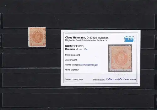 Bremen: MiNr. 10a, ungebraucht, BPP Befund