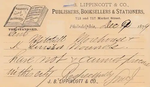 Postal Card Philadelphie 1879, bookseller, Publisher, Livres