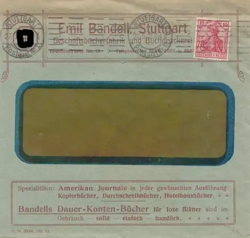 Brief Bandell, Stuttgart 1913- Indisches Glückzeichen Germania - Geschäftsbücher