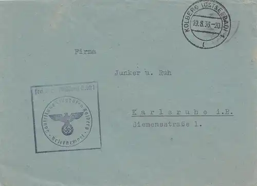 Brief Kolberg Ostssebad 1939: Bauleitung Flughafen Kolberg nach Karslruhe Junker