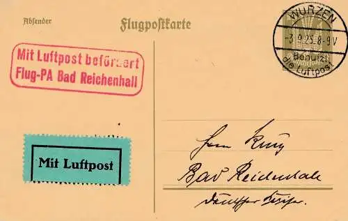 Flugpost Ganzsache 1925: Flug-PA BAd Reichenhall - Wurzen