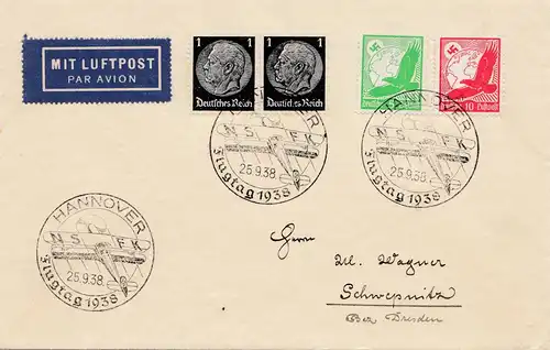 Lufptost Hannover nach Schwepnitz 1938 - Flugtag - Sonderstempel