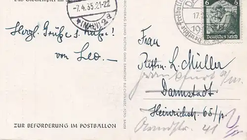 AK 1935 Freiballonmeisterschaft Darmstadt, Postballon