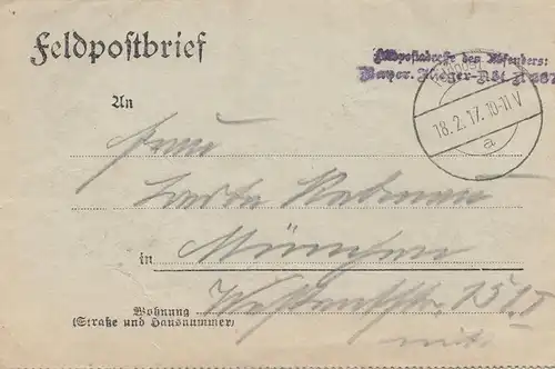 Feldpostbrief 1917: Feldpostadresse des Absenders: Bayrische Flieger Abt.