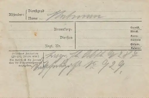 Lettre postale de champ 1917: Adresse postale du champ de l'expéditeur: Abbaye de Bavière.