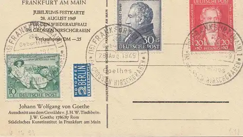 Carte de vue Goethe 1949 - Tampon spécial Francfort/M, 200 anniversaires Don populaire