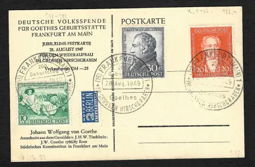 Carte de vue Goethe 1949 - Tampon spécial Francfort/M, 200 anniversaires Don populaire