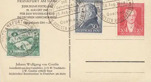 Carte de vue Goethe - Tampon spécial Francfort/M 1949, 200 anniversaire de Don populaire