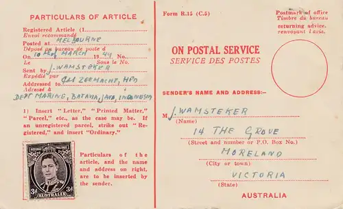1949 Australie: bon de retour non utilisé- mais franc