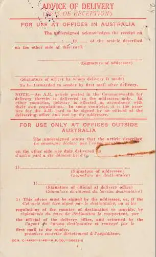 1949 Australie: bon de retour non utilisé- mais franc