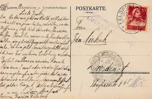 POW - Kgf: AK aus Luzern, nach Dresden Internierung 1918