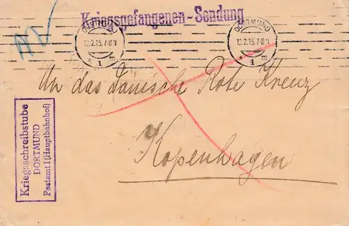 POW - Kgf: 1915 Kriegsschreibstube Dortmund nach Kopenhagen