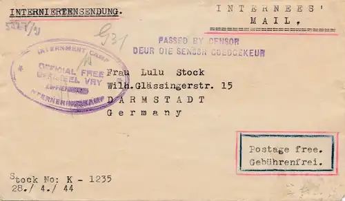 POW - Kgf: 1944 - Afrique du Sud, camps d'internement pour Darmstadt - censure