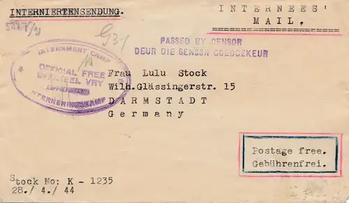 POW - Kgf: 1944 - Süd Afrika, Interniertenlager nach Darmstadt - Zensur