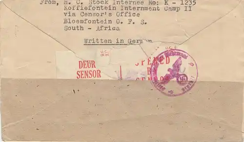 POW - Kgf: 1944 - Afrique du Sud, camps d'internement pour Darmstadt - censure