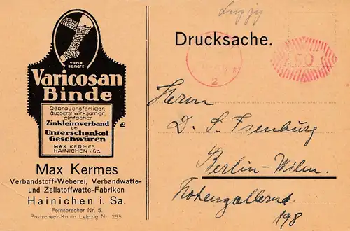 Varicosan Binde -Drucksache von Hainichen nach Berlin - Postgebühren 1.7.1922 