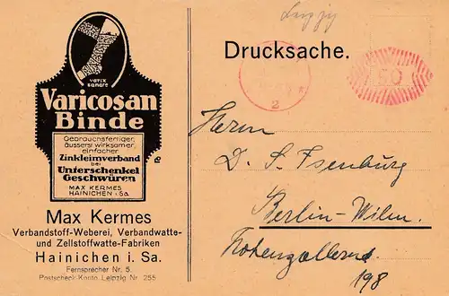 Varicosan Binde - Imprimerie de Hainichen vers Berlin - Frais de poste 1.7.1922