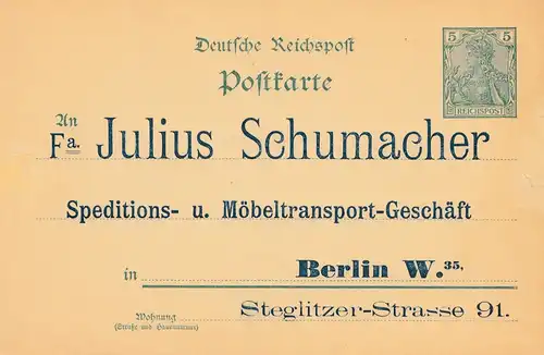 Ganzsache: Privater Zudruck: Julius Schumacher - Möbel Transport Berlin Germania