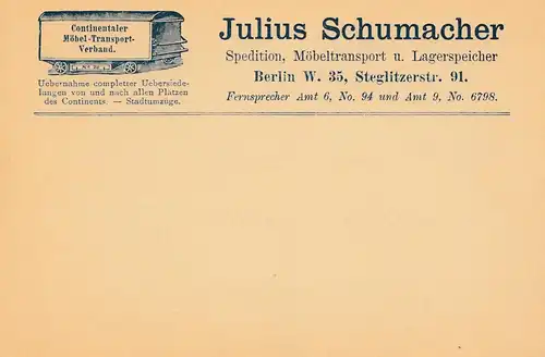 Ganzsache: Privater Zudruck: Julius Schumacher - Möbel Transport Berlin Germania