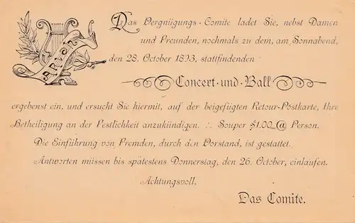USA: Postal card, paid reply 1893, Vergnügungs Comite -Ball-Concert