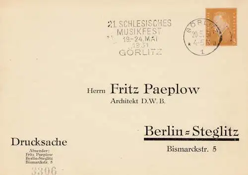 Schlesisches Musikfest Görlitz 1931 nach Berlin - Drucksache
