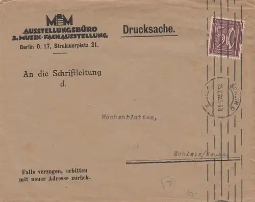 3. Musik Fachausstellung Drucksache, 1922 Berlin nach Schleiz