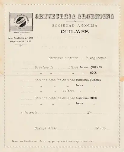 Carta Postal - Cerveceria Quilmes 189x