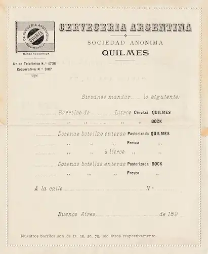 Carta Postal - Faltbrief-Argentinien-Cerveceria Quilmes 189x