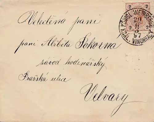 Timbre: Vignobles royaux 1897 Kral. Vinohracy d'après Velvary