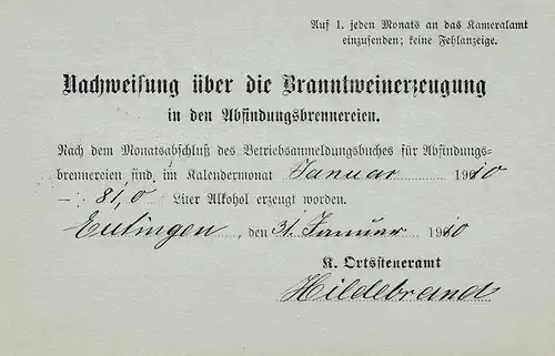 Eutingen nach Horb 1910: Nachweis über Branntweinerzeugung