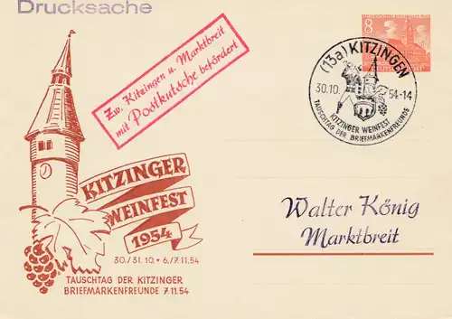 Kitzinger Weinfest 1954 mit Postkutsche befördert - Sonderstempel