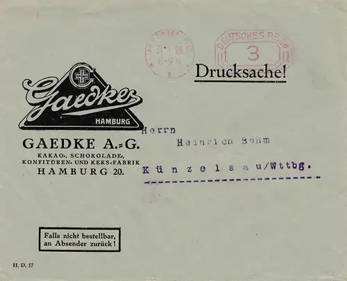 Gaedke Kakao-Schokolade Konfitüre/Keksfabrik 1924--Hamburg nach Künzelsau