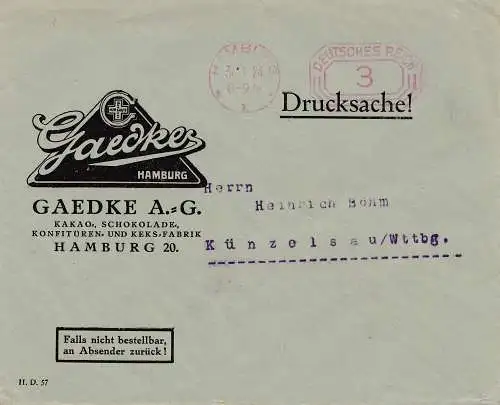 Gaedke chocolat au cacao Confiture/Keksfabrik 1924-Hamburg vers Künzelsau