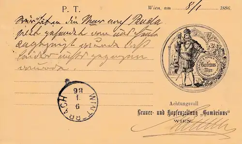 Margarthen/Vienne après Engelberg 1886, entier, Brauer et Houblon journal