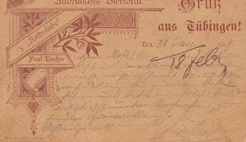 Carte postale:Salutations de la Bière de Tübingen-Altdeutsche: Rathsstube Hischer 1889