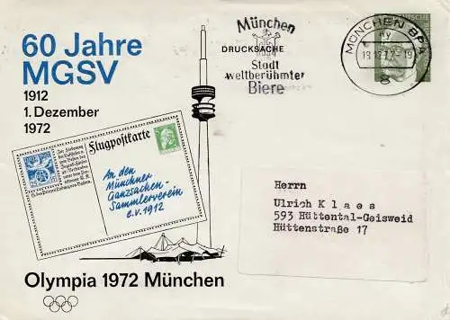 Olympia 1972 München: 60 Jahre MGSV - Stadt der Biere - Ganzsache